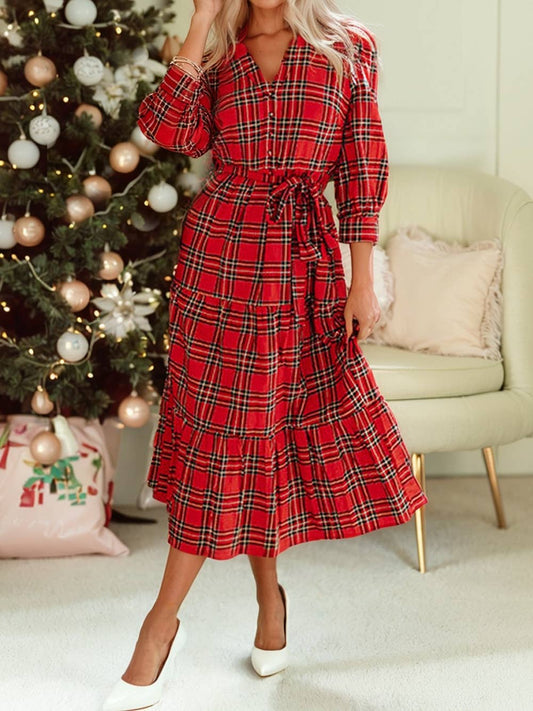 Plaid V Neck 3/4 Sleeve Tie Waist Ruffle Hem Midi Dress